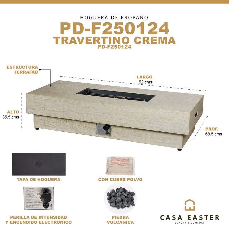 Cargue la imagen en el visor de la galería, Hoguera para fogata de Gas Rectangular color Travertino crema - PD-F250124