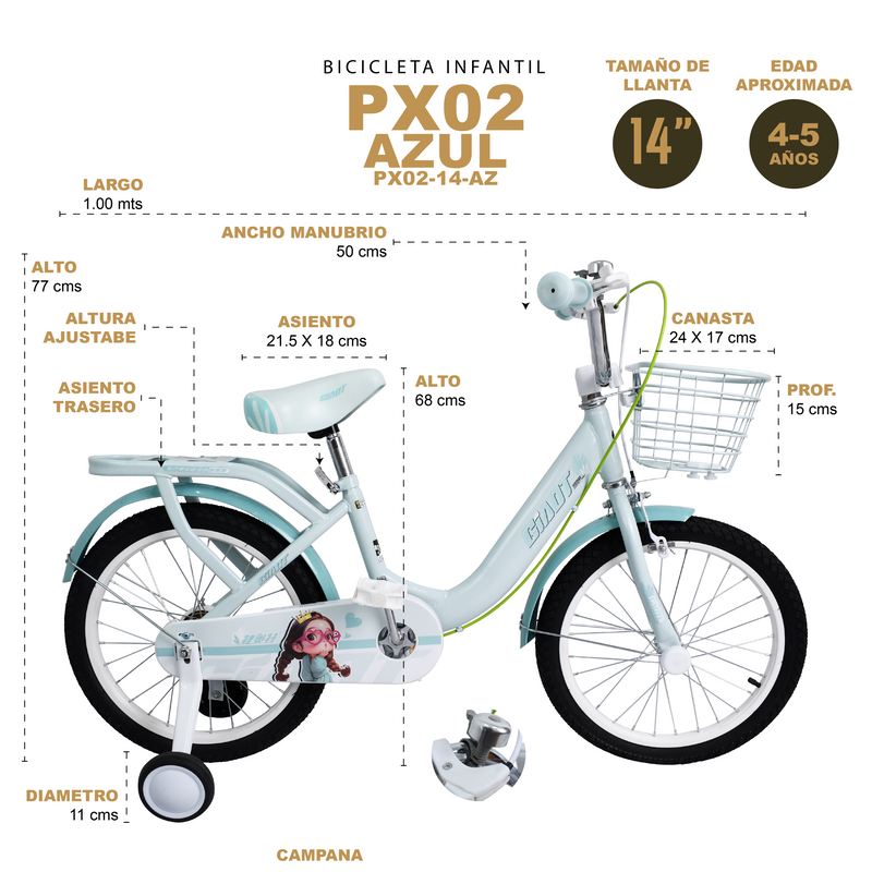 Cargue la imagen en el visor de la galería, Bicicleta Infantil de 14" PX02-14 color Azul - PX0214-AZ