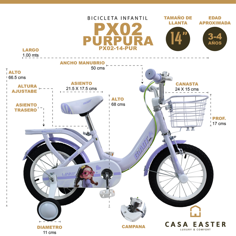 Cargue la imagen en el visor de la galería, Bicicleta Infantil de 14" PX02-14 color Purpura - PX0214-PUR