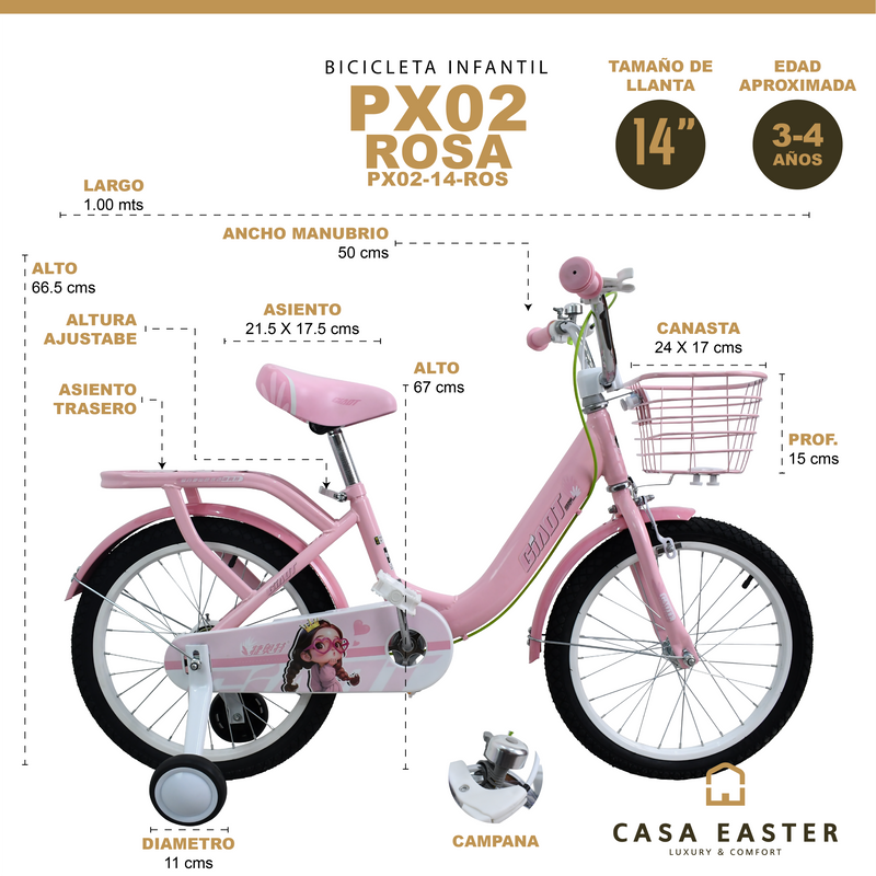 Cargue la imagen en el visor de la galería, Bicicleta Infantil de 14" PX02-14 color Rosa - PX0214-ROS