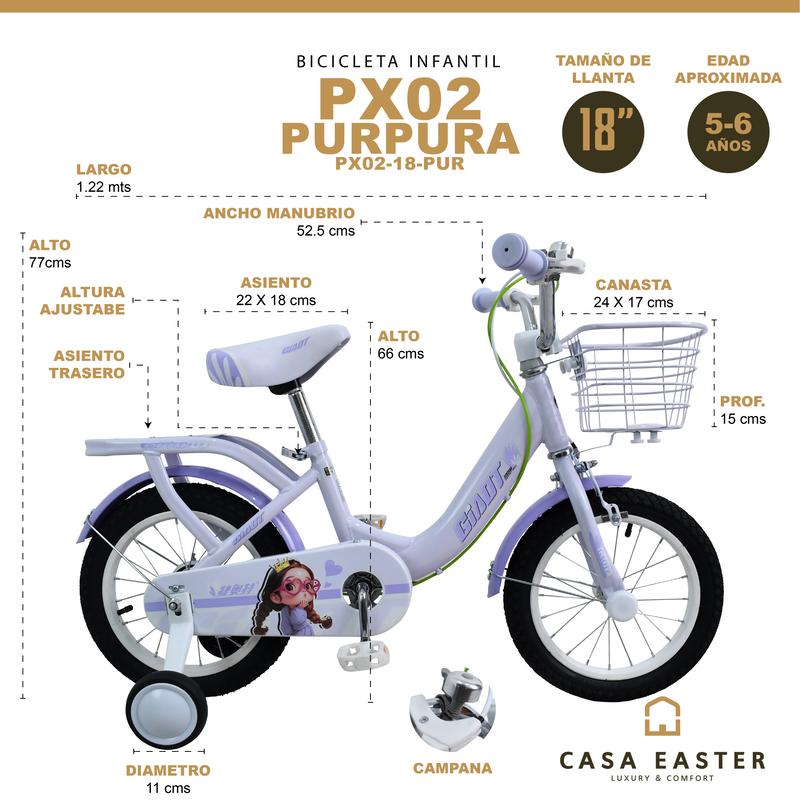 Cargue la imagen en el visor de la galería, Bicicleta Infantil de 18" PX02-18 color Purpura - PX0218-PUR