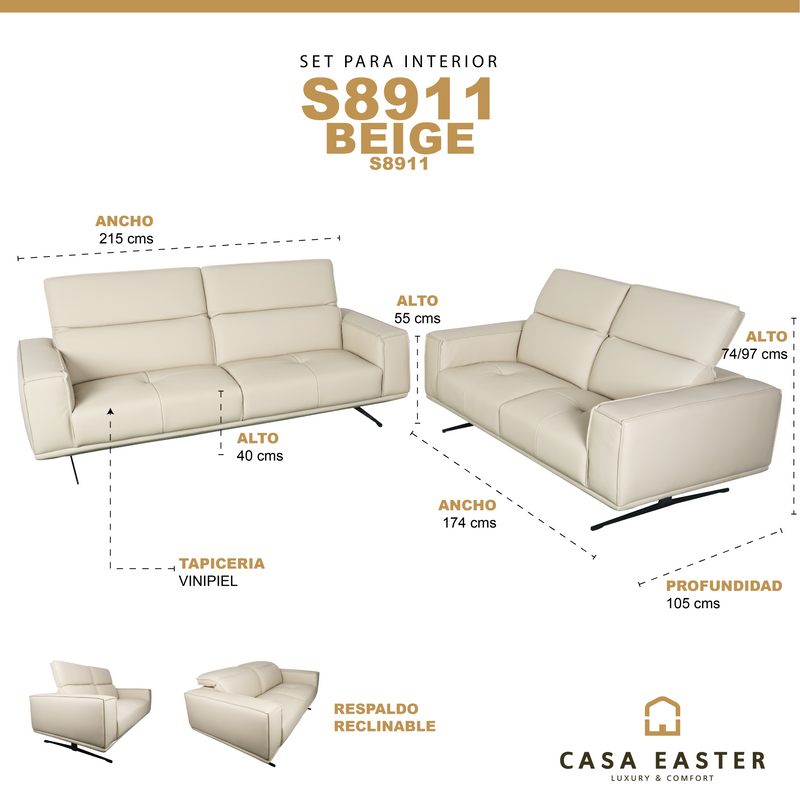 Cargue la imagen en el visor de la galería, Set duo de interior sofá triple + sofá doble S8911 con vinipiel - S8911