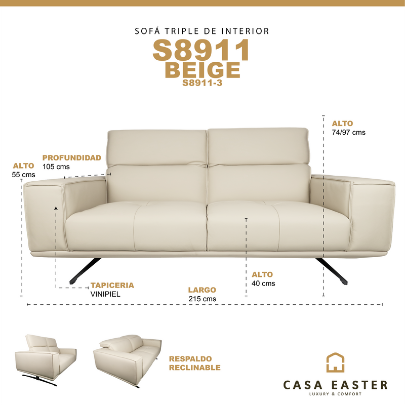 Cargue la imagen en el visor de la galería, Sofá de interior triple color beige con respaldo reclinable - S8911-3