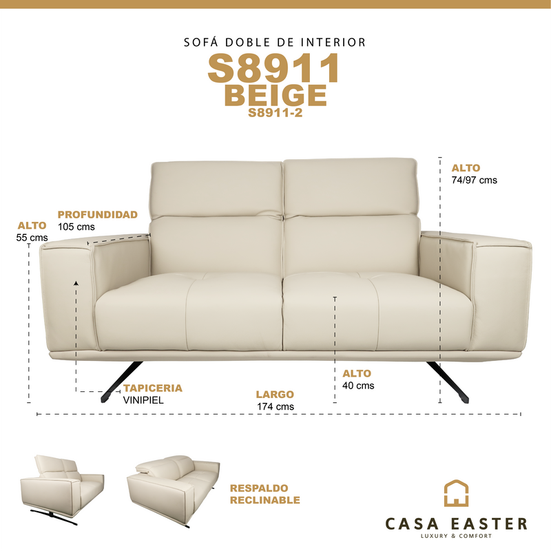 Cargue la imagen en el visor de la galería, Sofá de interior doble color beige con respaldo reclinable - S8911-2