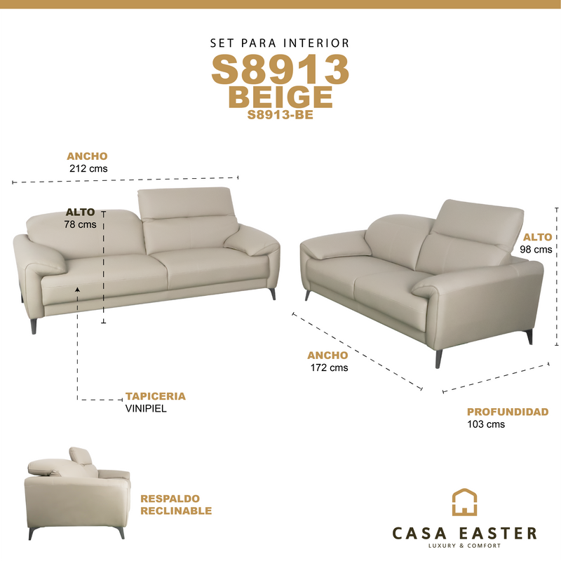 Cargue la imagen en el visor de la galería, Set duo de interior sofá triple + sofá doble S8913 con vinipiel color Beige - S8913-BE