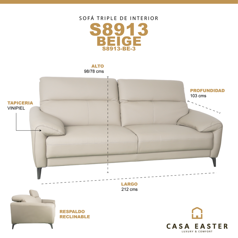 Cargue la imagen en el visor de la galería, Sofá triple de interior color beige - S8913-BE-3