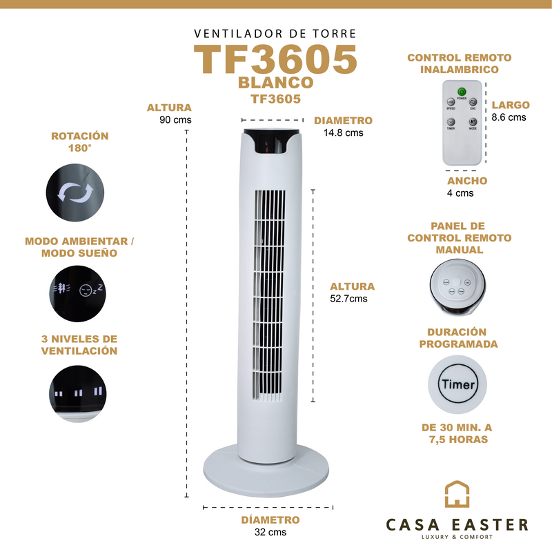 Cargue la imagen en el visor de la galería, Ventilador de Torre remoto TF3605 color blanco Alt. 90 cms / diám. 14.8 cms - TF3605