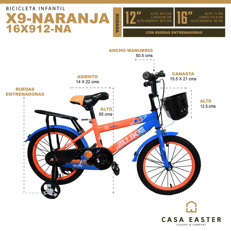 Cargue la imagen en el visor de la galería, Bicicleta infantil de 16" X9 color Naranja - 16X9-NA