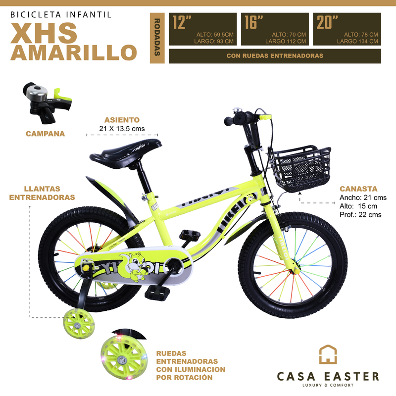 Cargue la imagen en el visor de la galería, Bicicleta infantil XHS de 12" Color Amarillo - 12XHS-AM