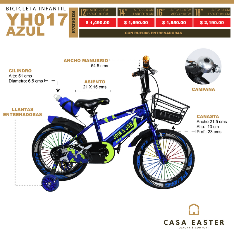 Cargue la imagen en el visor de la galería, Bicicleta de 14" YH017 color AZUL - YH01714-AZ