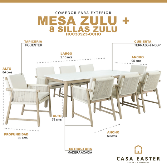 Comedor Zulu 2.1M + 8 Sillas Zulu - HUC38523-OCHO