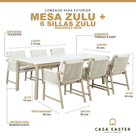 Comedor Zulu 2.1M + 6 sillas Zulu - HUC38523-SEIS