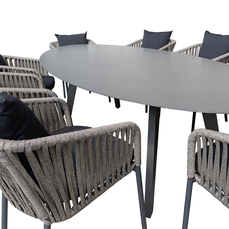 Cargue la imagen en el visor de la galería, Comedor Ovalado Herclion carbon + 8 sillas Elona 567