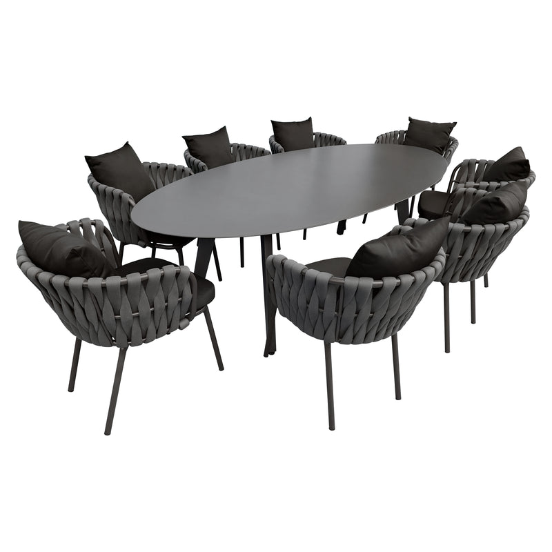 Cargue la imagen en el visor de la galería, Comedor Ovalado Herclion carbon + 8 sillas Burj 1099