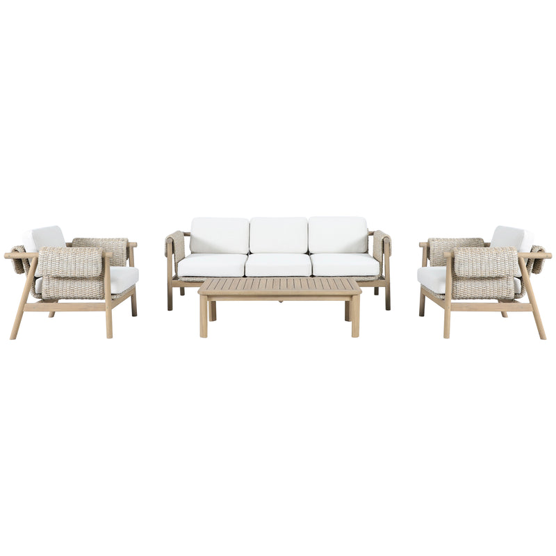Load image into Gallery viewer, Set triple de madera Licius con mesa de centro, para exterior color natural - HUC 41294-53-31