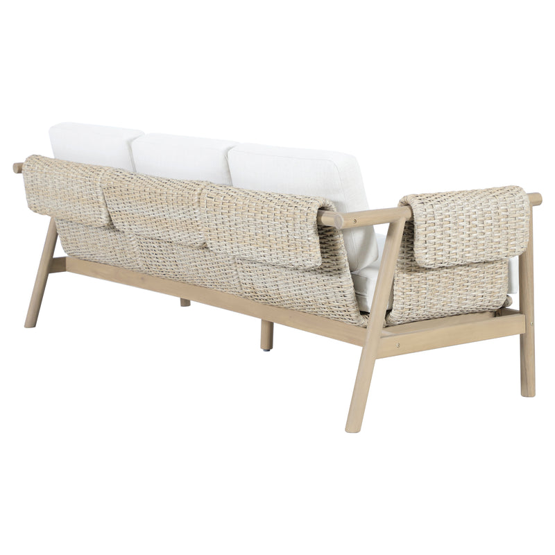 Load image into Gallery viewer, Set triple de madera Licius con mesa de centro, para exterior color natural - HUC 41294-53-31
