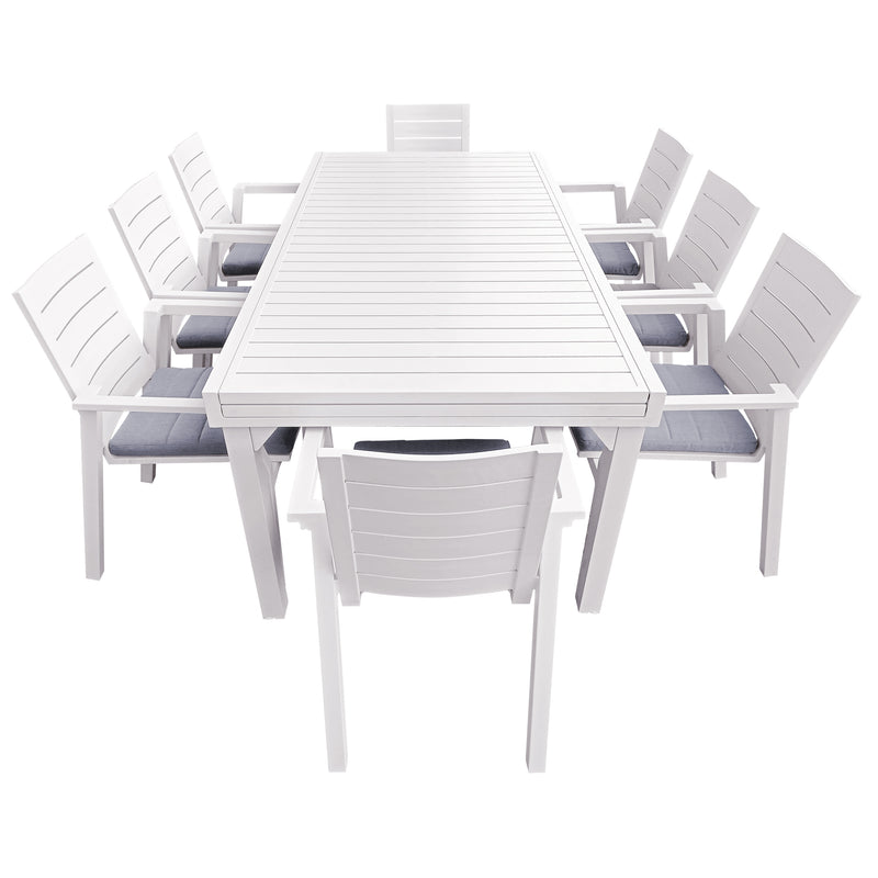 Cargue la imagen en el visor de la galería, Comedor de Aluminio color Blanco Doume 2 M / 3.2 M + 8 silla Swiss blanca