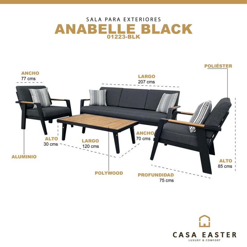 Cargue la imagen en el visor de la galería, Sala para Exterior e Interior de Aluminio Color Negro ANABELLE- TRIPLE-01223-Blk CasaEaster