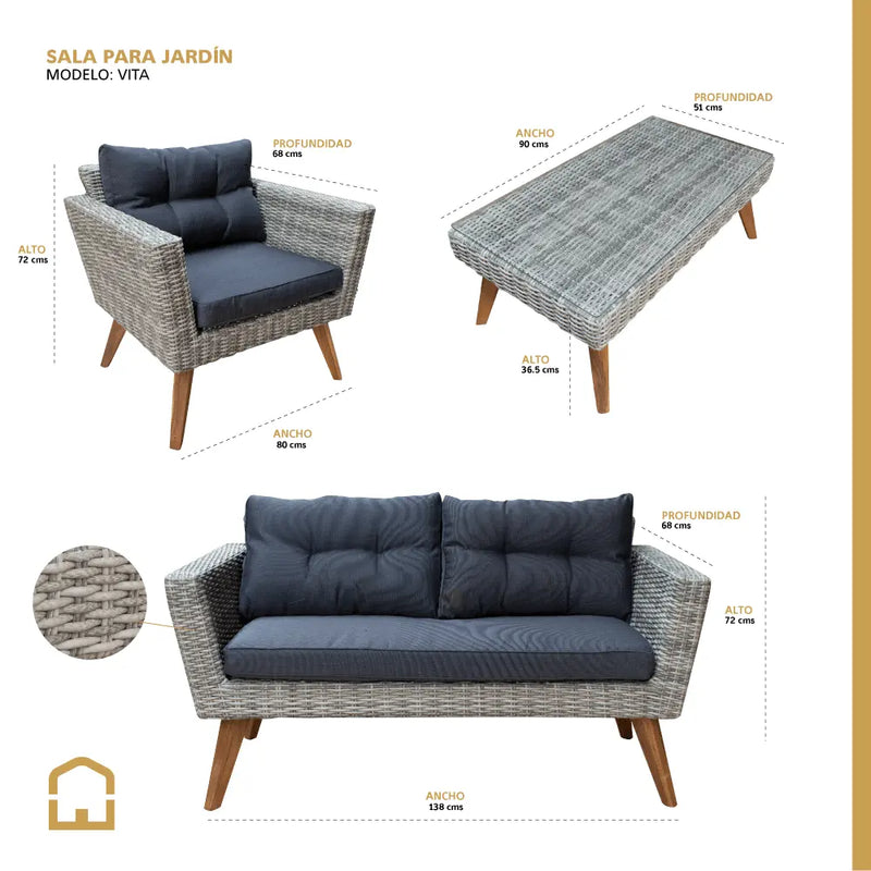 Cargue la imagen en el visor de la galería, Sala para Exterior e Interior de Rattan Color Carbon- VITA DOBLE-VITA