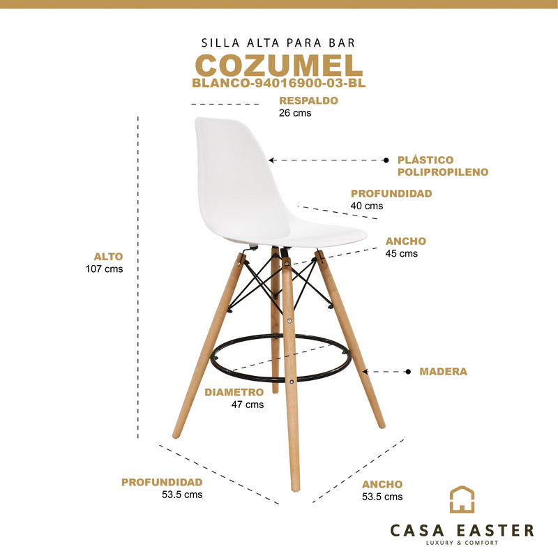 Cargue la imagen en el visor de la galería, Silla Alta de Barra para Interior Color Blanco Cozumel-94016900-03-BL CasaEaster