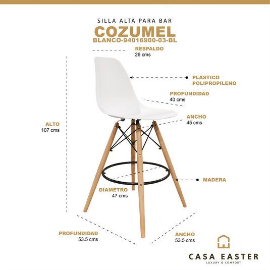 Silla Alta de Barra para  Interior   Color Blanco Cozumel-94016900-03-BL CasaEaster