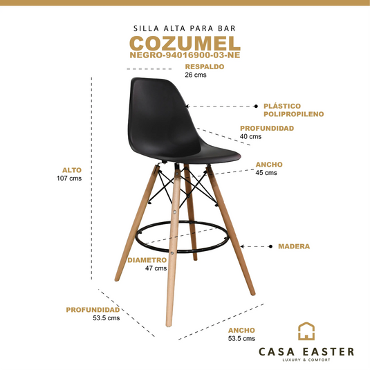 Silla Alta de Barra  para  Interior   Color Negro Cozumel-94016900-03-NE