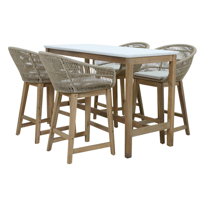 Cargue la imagen en el visor de la galería, Comedor de barra Alto 1.6 M para Exterior o Jardin Rectangular Talara Bar + 4 Sillas Alta Talara