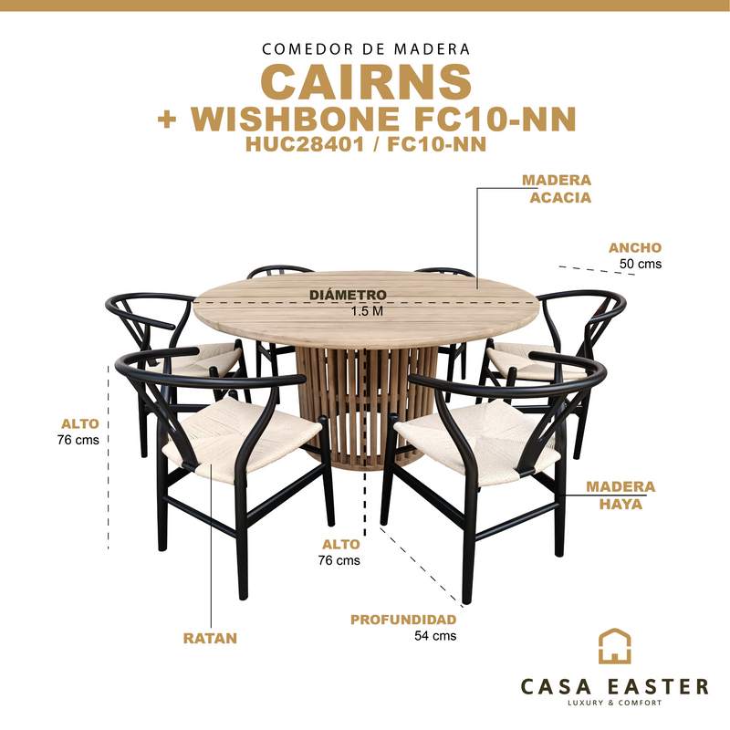 Cargue la imagen en el visor de la galería, Comedor redondo 1.5 M de Madera, Cairns + 6 sillas Wishbone FC10-NN