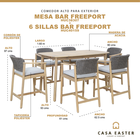 Comedor de barra Freeport color Gris 1.6 M + 6 sillas freeport de bar