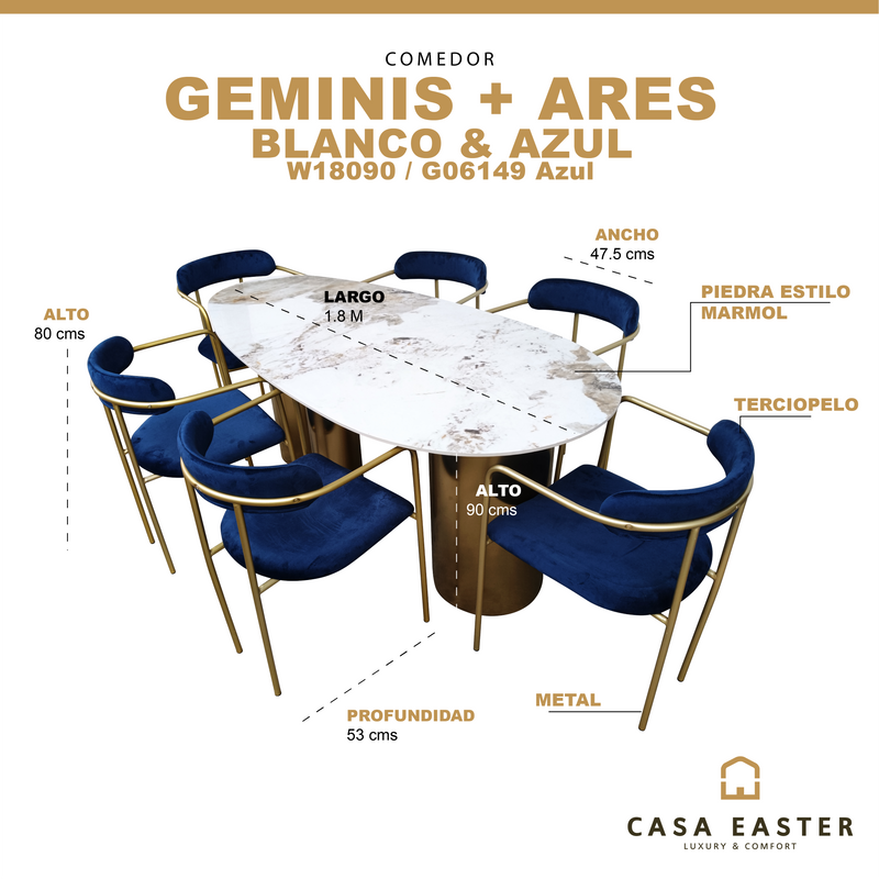 Cargue la imagen en el visor de la galería, Comedor Geminis 1.8 M + 6 sillas Ares color Azul