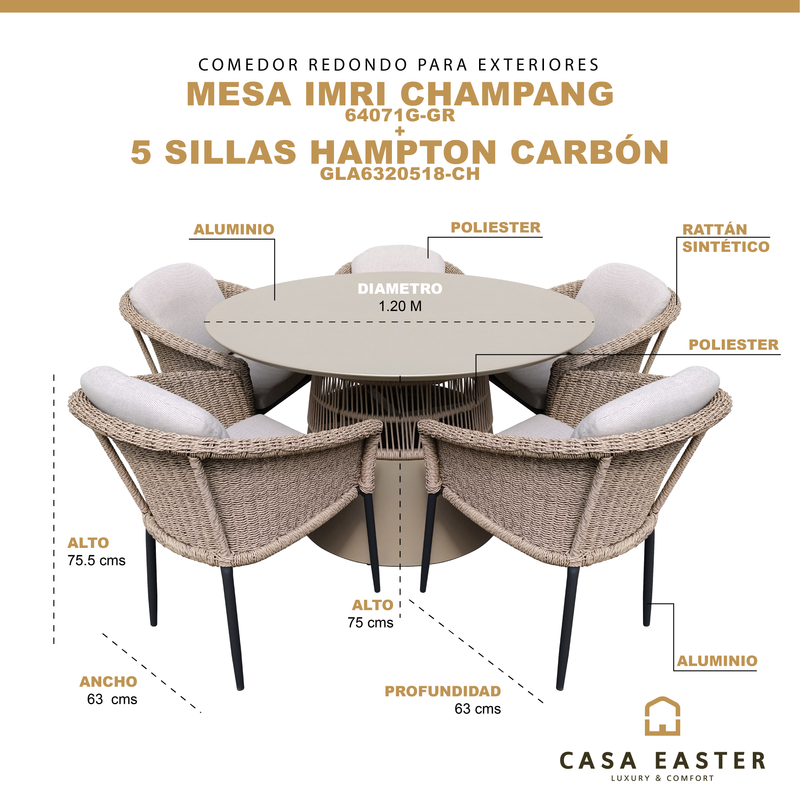 Cargue la imagen en el visor de la galería, Comedor Redondo Imri 1.2 M color Champagne + 5 sillas Hampton color carbon