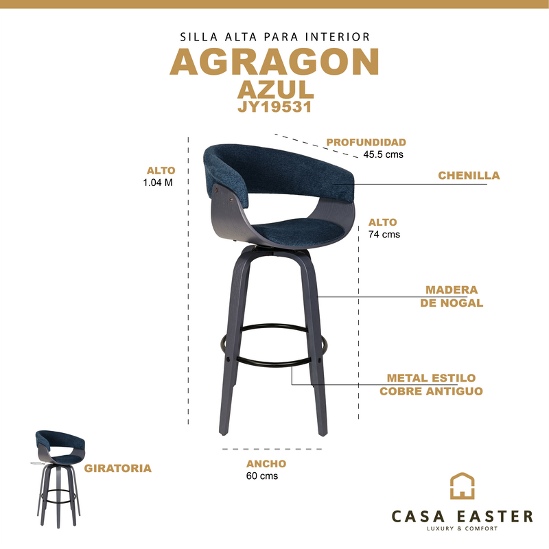 Cargue la imagen en el visor de la galería, Silla alta para Barra Agragon 79 color Azul - JY19531