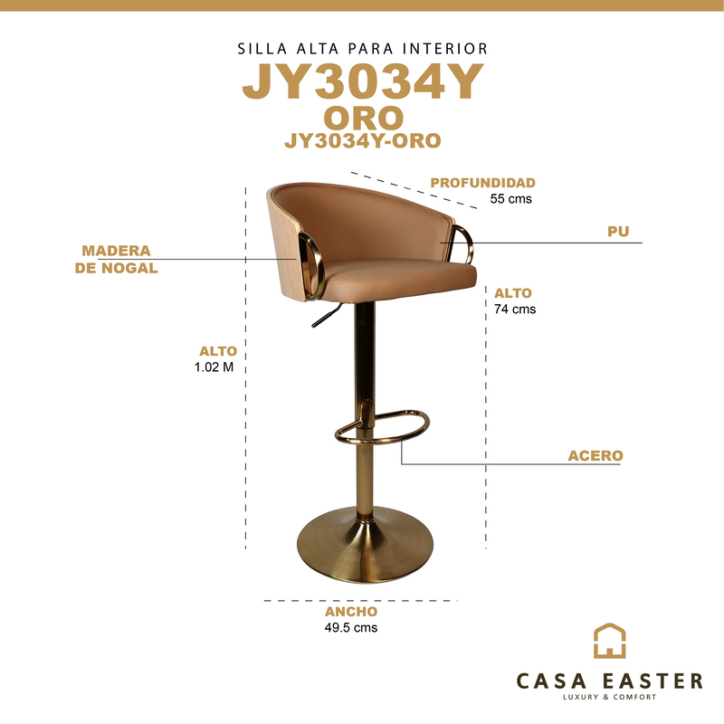 Cargue la imagen en el visor de la galería, Silla Alta de Barra 1014 JY3034Y para Interior Color Tierra - JY3034Y-ORO