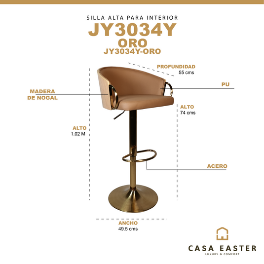 Silla Alta de Barra 1014 JY3034Y para Interior Color Tierra - JY3034Y-ORO