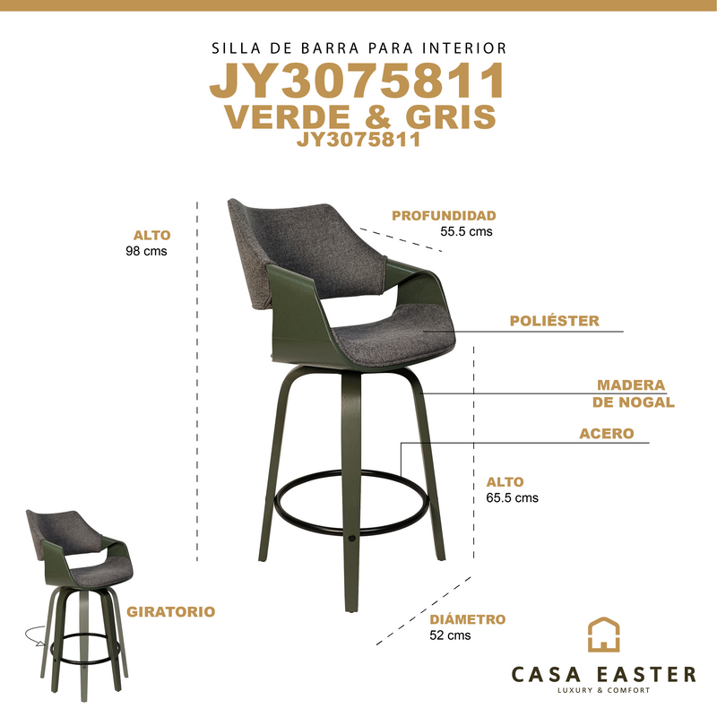 Cargue la imagen en el visor de la galería, Silla alta para barra JY3075-811-GR para interior color verde & gris - JY3075-811-GR
