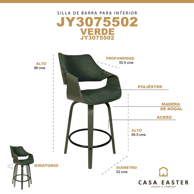 Cargue la imagen en el visor de la galería, Silla alta para barra JY3075-502-VE para interior color verde - JY3075-502-VE