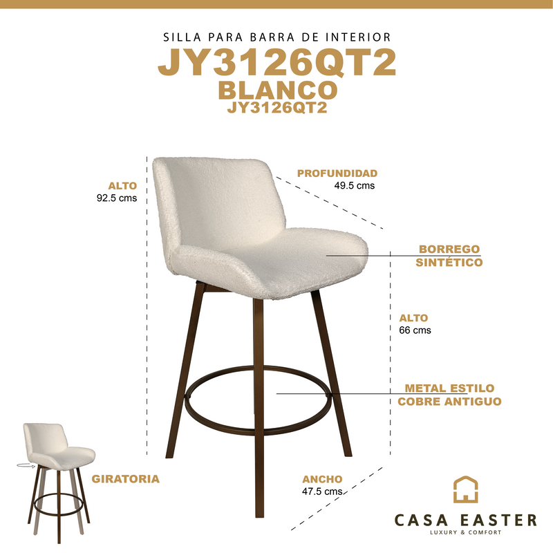 Cargue la imagen en el visor de la galería, Silla alta para barra JY3126Q-T2 para Interior color blanco - JY3126QT2