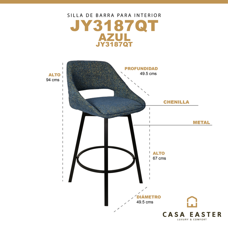 Cargue la imagen en el visor de la galería, Silla alta de barra JY3187QT para Interior color Azul - JY3187QT
