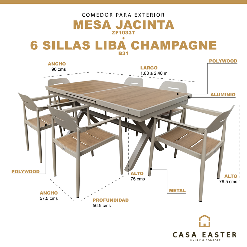 Cargue la imagen en el visor de la galería, Comedor Jacinta expandible + 8 sillas Liba color Champagne