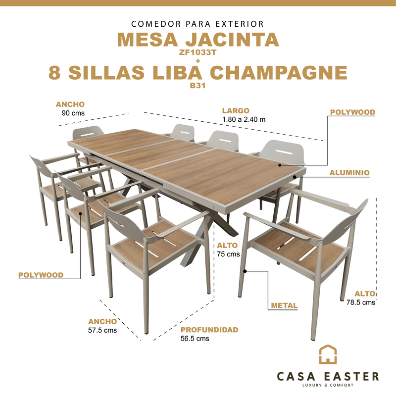Cargue la imagen en el visor de la galería, Comedor Jacinta expandible + 8 sillas Liba color Champagne