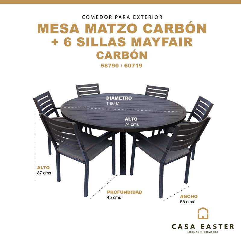 Cargue la imagen en el visor de la galería, Comedor redondo Matzo 1.8 M + 6 sillas Mayfair Carbon