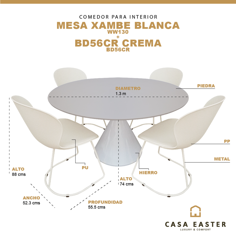 Cargue la imagen en el visor de la galería, Comedor Xambe blanca 1.3 M + 4 sillas BD56CR crema