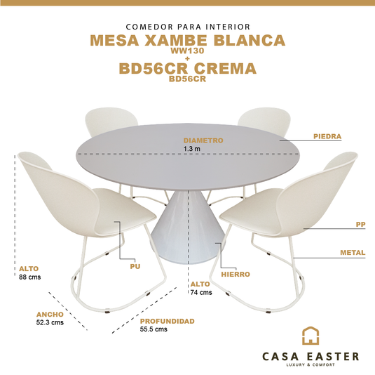 Comedor Xambe blanca 1.3 M + 4 sillas BD56CR crema