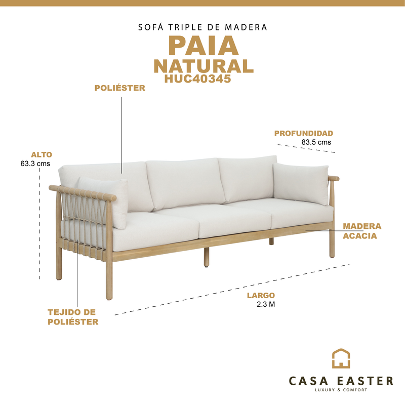 Cargue la imagen en el visor de la galería, Sofá Triple de Madera Paia, color natural - HUC40345