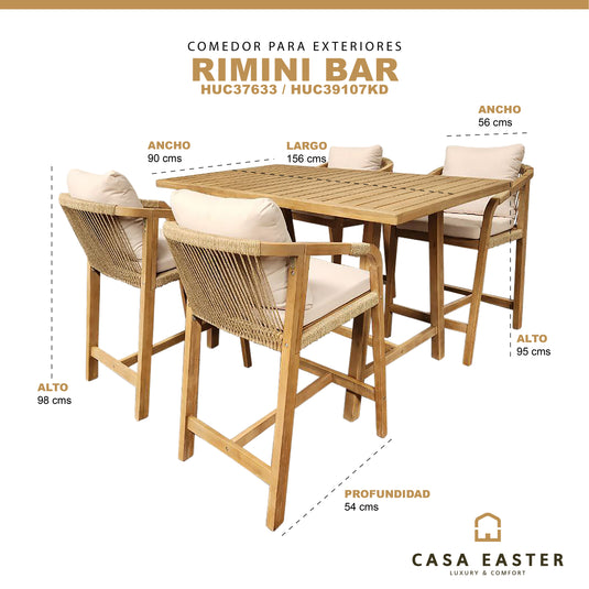 Comedor de barra Alto 1.56 M para Exterior o Interior modelo RIMINI + 4 sillas rimini de barra -CAPEOJMR