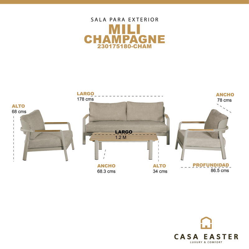 Cargue la imagen en el visor de la galería, Sala para Exterior e Interior de Aluminio Color Champagne MILI DOBLE- 230175180-CHAM