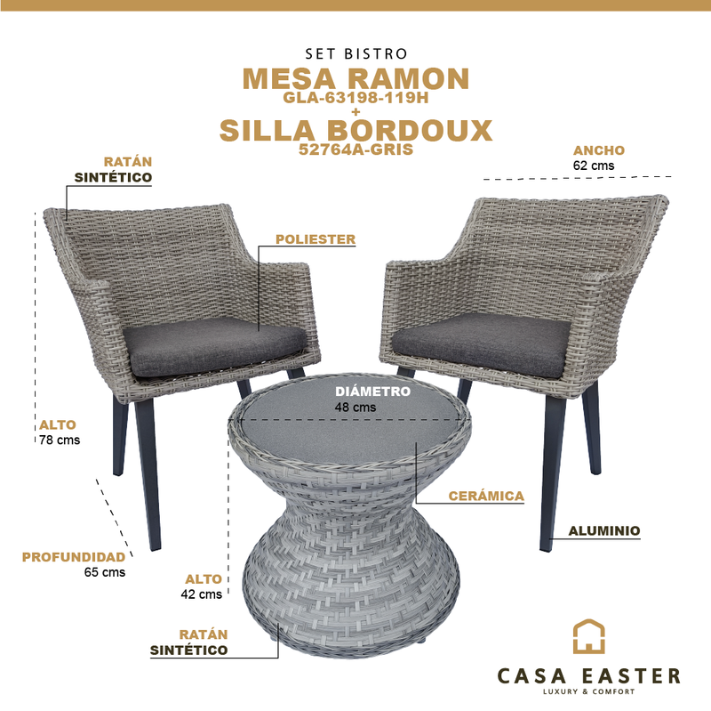 Cargue la imagen en el visor de la galería, SET BISTRO MESA RAMON + 2 SILLAS BORDOUX GRIS