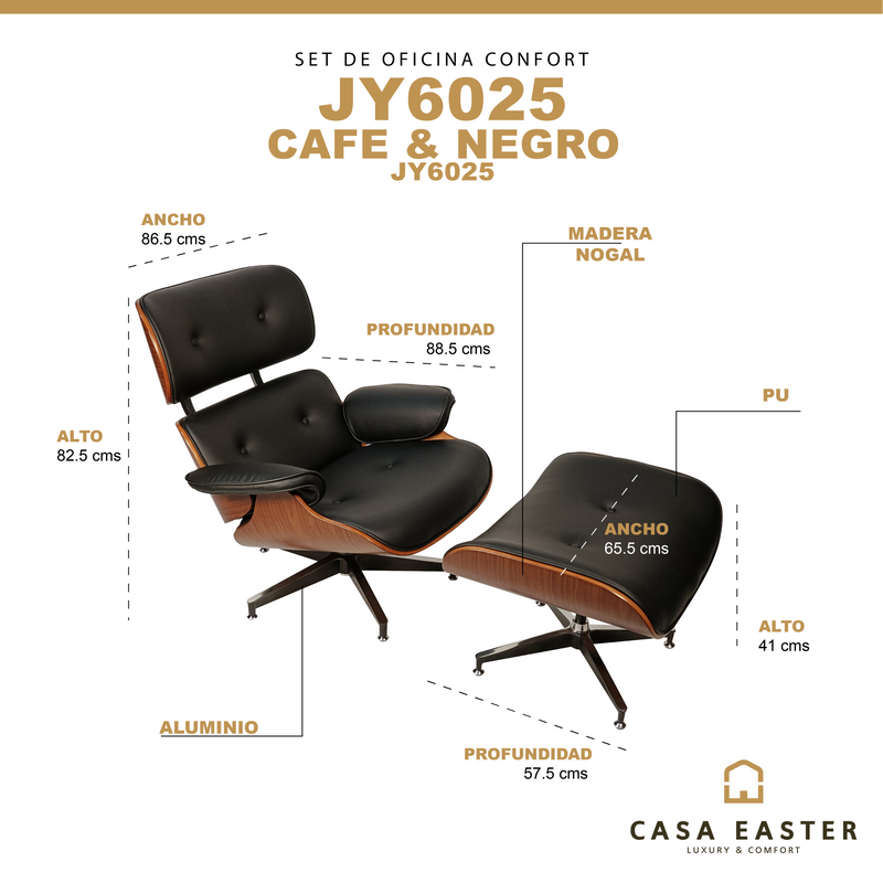 Cargue la imagen en el visor de la galería, Set silla individual de oficina con taburete JY6025 color negro-café - JY6025