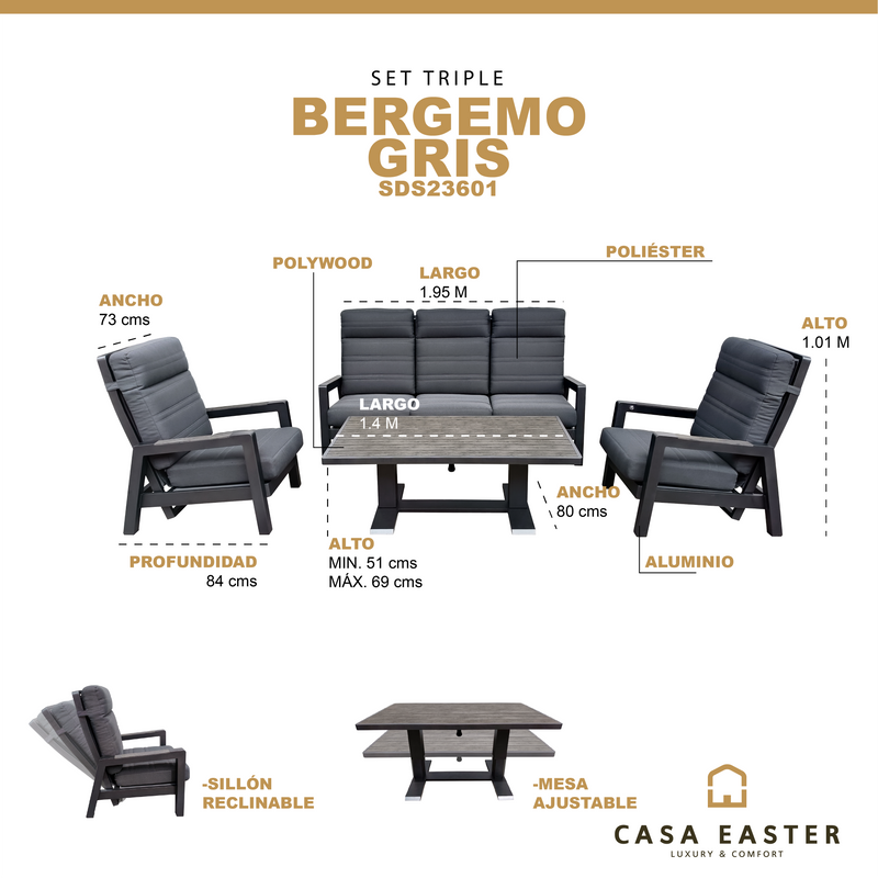 Cargue la imagen en el visor de la galería, Set triple Reclinable Bergemo color Carbon - SDS23601