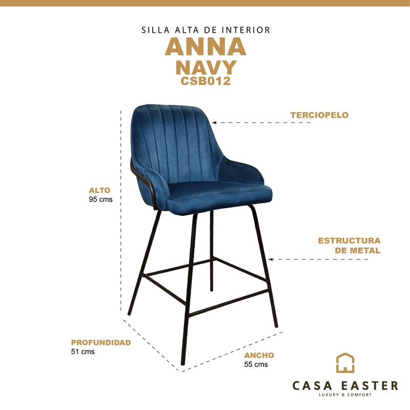 Cargue la imagen en el visor de la galería, Silla alta para barra Anna de interior color Navy - CSB012